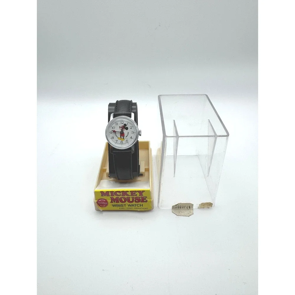 Vintage Mickey Mouse Wrist Watch Bradley Time Division Black‎ Leather Strap